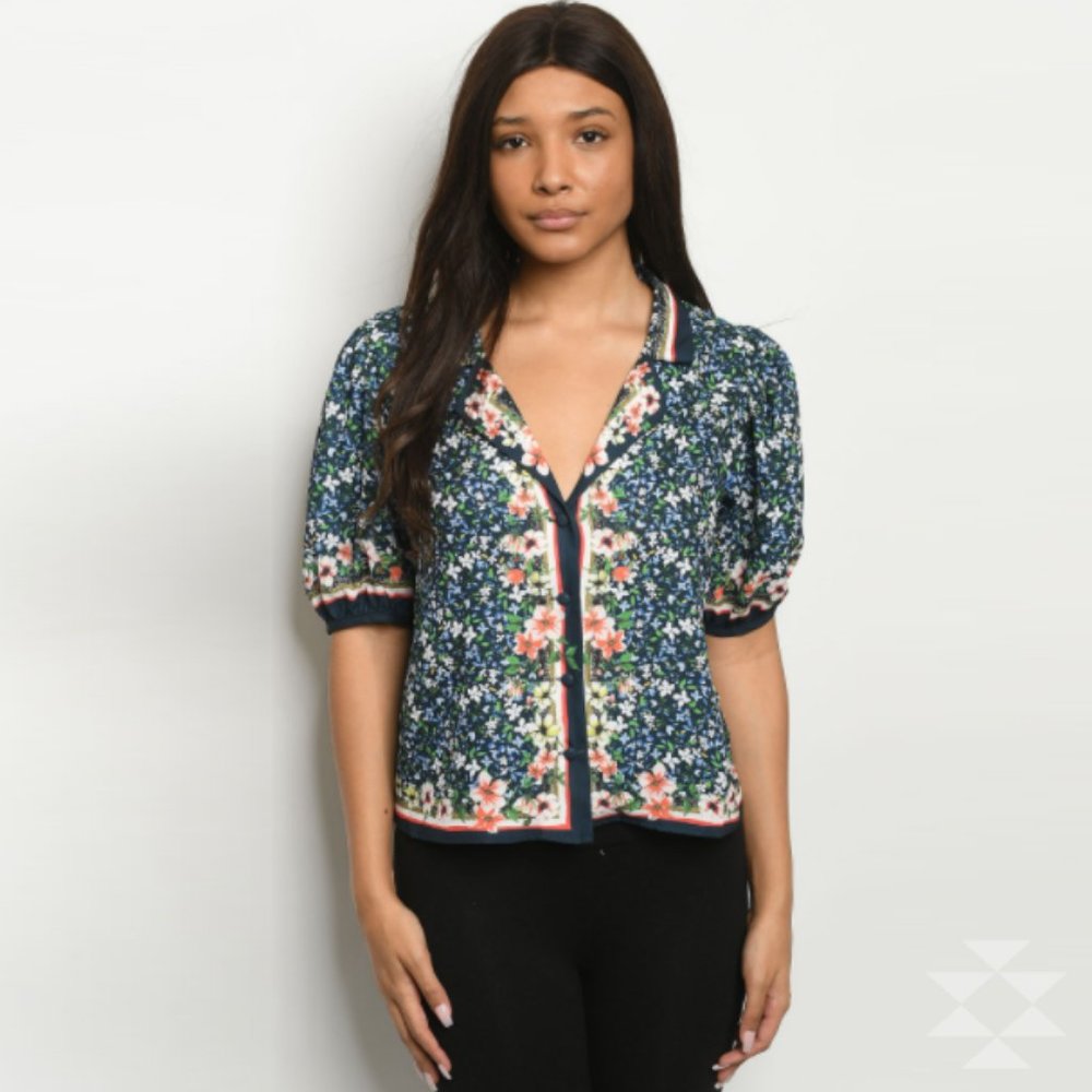 Navy Floral Print Collared Crop Shirt Puff Sleeves